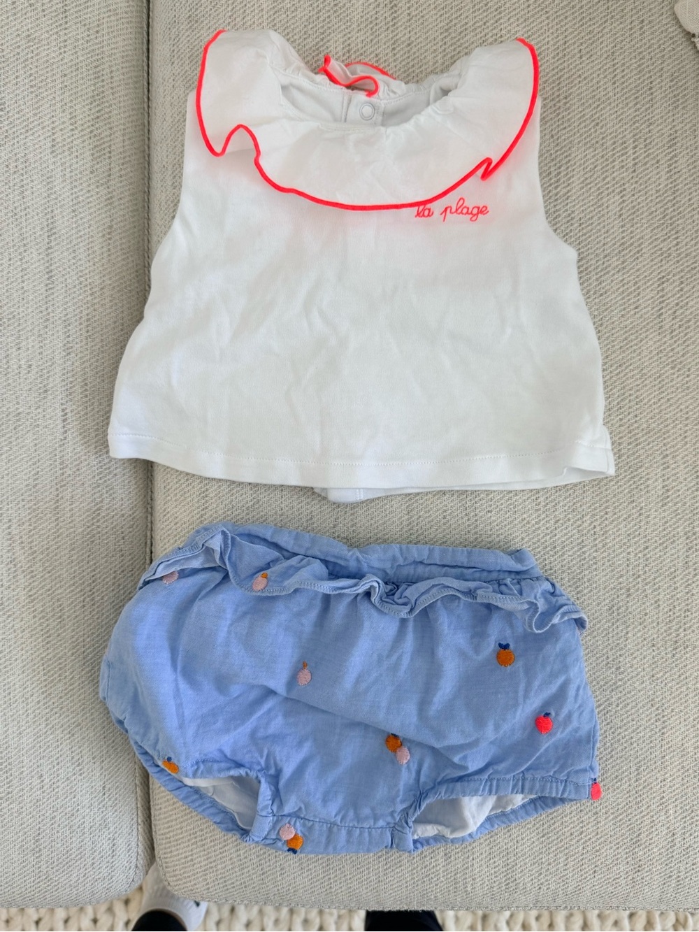 Jacadi White Top with Pink Trim & Light Blue Fruit-Embroidered Diaper Cover Set